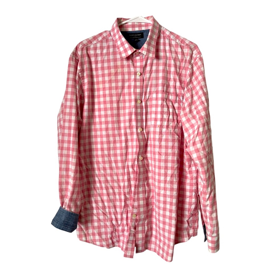 Banana Republic Pink and White Gingham Soft Wash Tailored Slim Fit Shirt